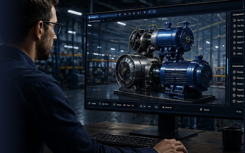 An engineer reviewing a 3D pump model on a monitor